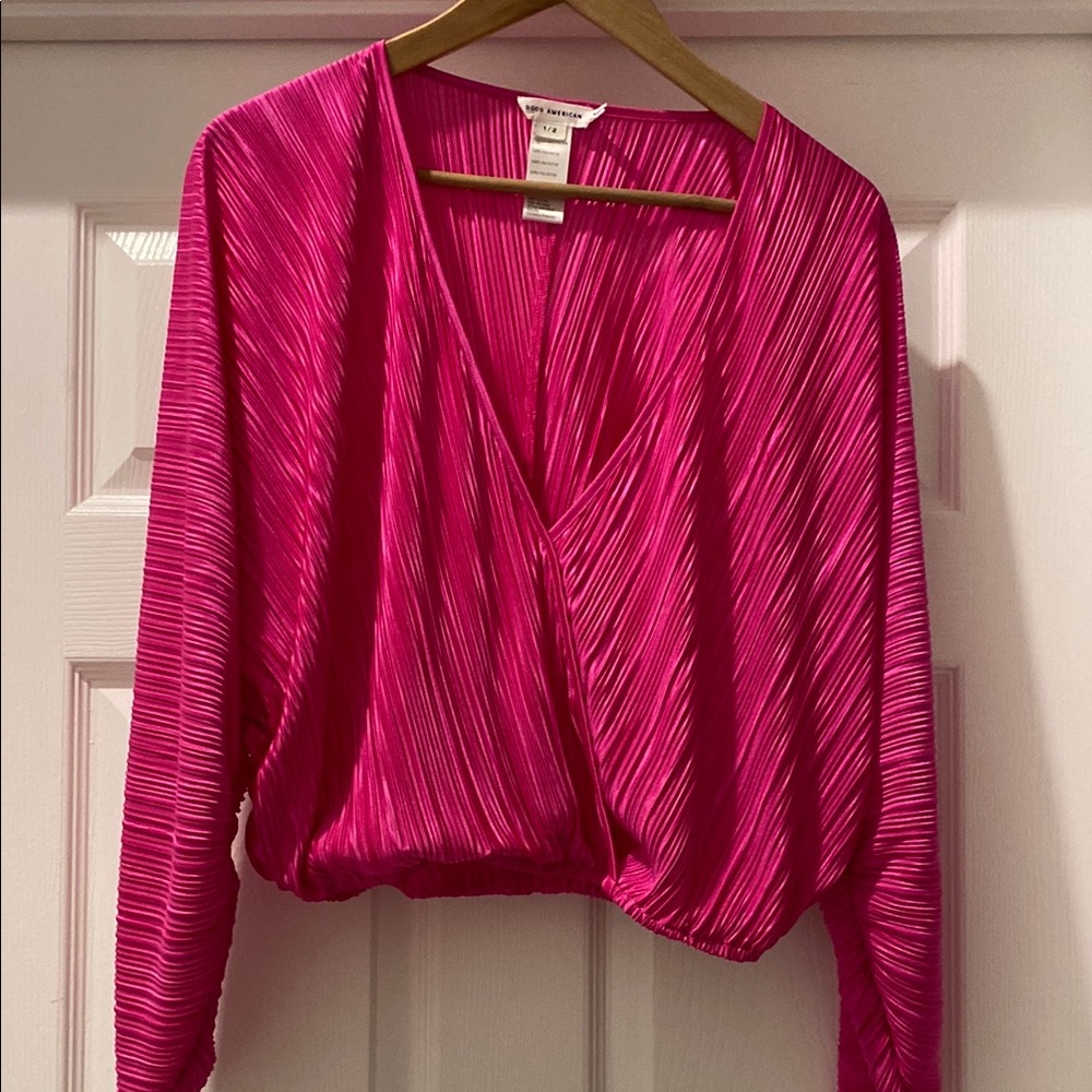 Good American Pink Wrap Blouse with 3/4 Sleeves